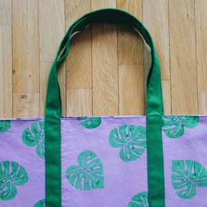 Monstera Tote Bag: Lilac Shopping Bag, Monstera Print, Zero Waste, Handmade Bag, Reusable Linen Bag, Eco Friendly Gifts