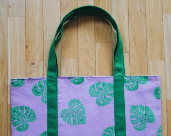 Monstera Tote Bag : Lilas Shopping Bag, impression Monstera, zéro déchets, fait à la main sac, sac en lin réutilisable, cadeaux respectueux de l’environnement