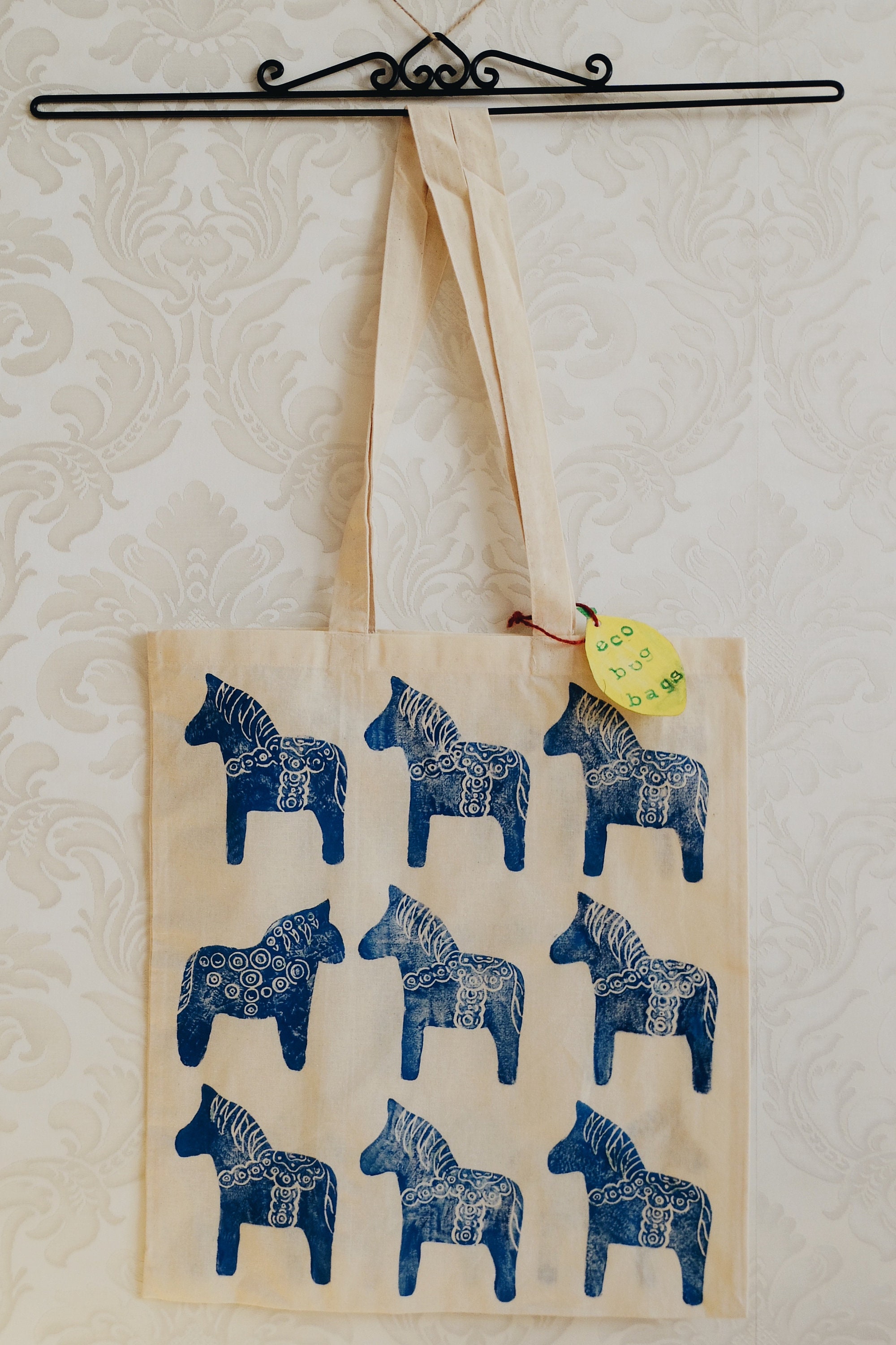 Blue Horse Handprinted Cotton Tote Bag Ornament Eco Shopping - Etsy