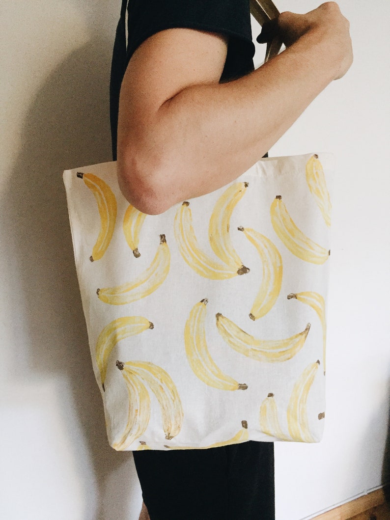 Banana Print Cotton Tote Bag Eco Shopping Organic Zero Waste, Sustainable Plastic Free, Fruit Reuse Large Canvas Back to School Vegan Gift image 7