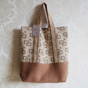 Strand Spa Urlaubstasche - Beige LeinenTasche gefüttert, Einkaufstasche, Handtasche, Geometrische Handarbeit Stickerei, Mann Frau 5 Jahreszeiten Geschenk