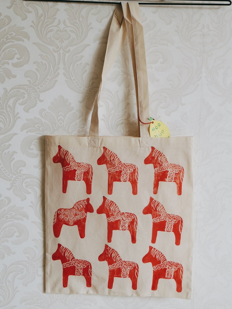 Market Vegan Gift Handprint Eco Shopping Organic Zero Waste Red Horse Ornament Cotton Tote Bag Sustainable Plastic Free Reusable Tote