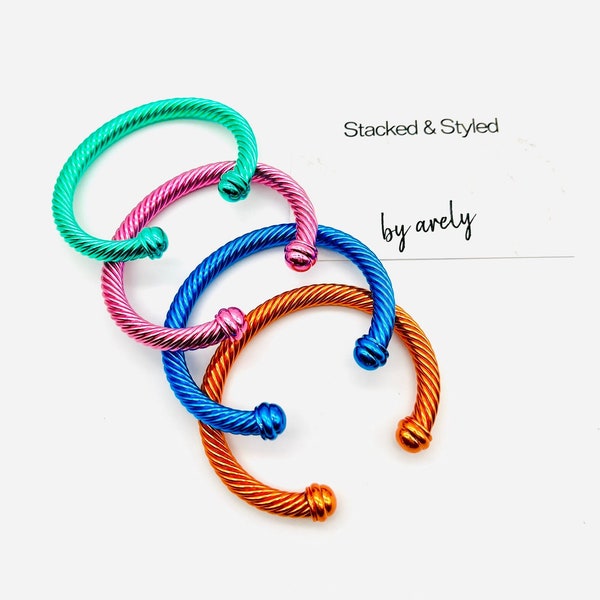 Cable Bracelets, Pink, Blue, Green, Orange, Colored Cable Bracelets, gifts for her, metal, cuff bracelets, adjustable