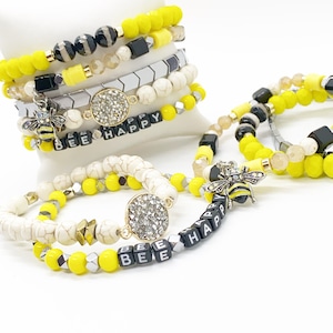 Bee Bracelet Stack: Hematite & Glass Bead Stretch Bracelets