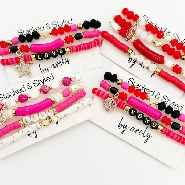 Pink, Red, White and Gold Valentines Day Bracelet Set, Bracelet Set, XOXO, Heart, Star, Beaded Bracelets, Beaded Bracelet Sets