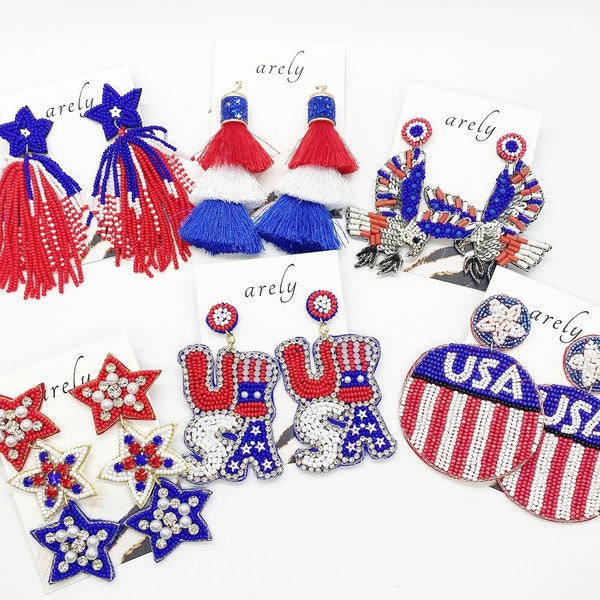 USA Earrings, Patriotic, American Earrings, USA Flag, Red White and Blue, US, Beaded Earrings, Seed Bead Earrings, Stars & Stripes, freedom,