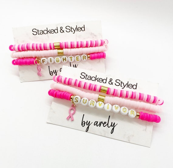 Breast Cancer Pink Stacked Stretch Awareness Ribbon Bracelet Survivor –  Jewelry Designed 4 You