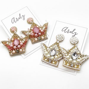 Crown, Tiara, Rhinestone Beaded Earrings, Princess Earrings, Queen Earrings, Dangle, Trendy, Seed Beaded Pink Statement Jewelry