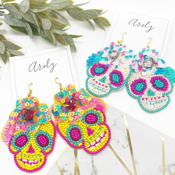 Sugar Skull earrings Beaded Seed Bead Earrings Dangle Trendy Statement Earrings Sugar Skull