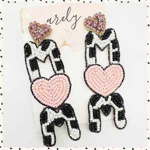 Mom earrings, Cow Print earrings, heart, Mom, Gifts for her, Beaded Mom Earrings, Gifts for Mom, Mother&#39;s Day Gifts