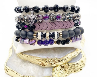 Black and Purple Bracelet stack, stackable bracelets, black and purple bracelets, gifts for her, gifts for mom, beaded bracelets women