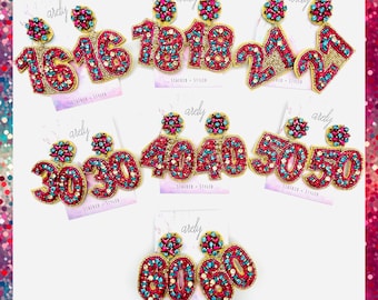 ビーズ付きラインストーンナンバーイヤリング：節目の誕生日プレゼント