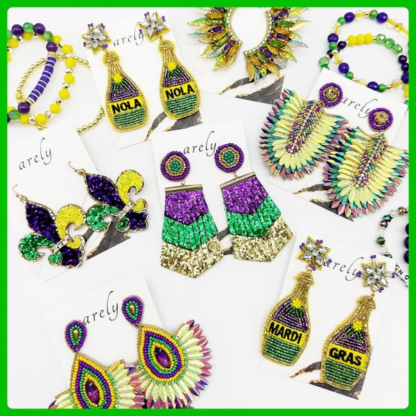 Mardi Gras Earrings, Nola, Wing Earrings, Sequin, Girls night out,  New Orleans, Fleur De Lis, Beaded Earrings, Mardi Gras Jewelry
