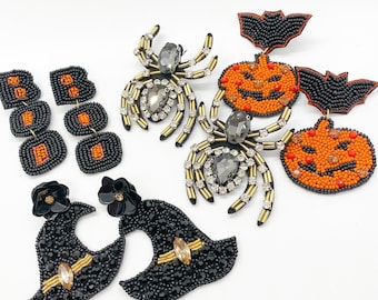 Beaded Halloween Earrings: Spider, Ghost, Pumpkin, Bat