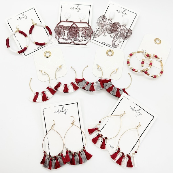 Maroon Gameday Earrings, Crimson and White, Gray, White, College Football, Gameday Jewelry, Football Earrings, Alabama,