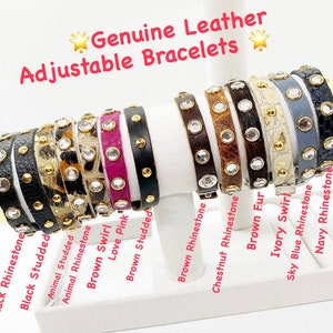 Genuine Leather Bracelets, Leather Jewelry, Leather Bracelets, Adjustable Leather Bracelets, Rhinestone, Gold Studded, Leather Jewelry