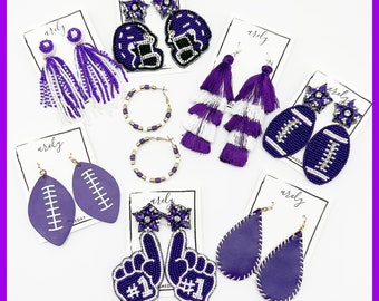 Purple Gameday Earrings: Beaded Tassels, Football, Helmet