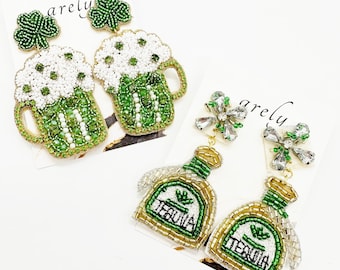 St. Patrick's Day Seed Bead Earrings: Shamrock, Beer, Tequila