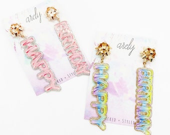 Festive Acrylic Happy Birthday Dangle Earrings