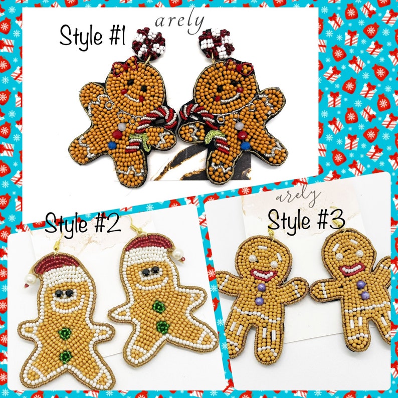 May include: Three pairs of gingerbread man earrings. The first pair has a red and white candy cane and a red hat. The second pair has a white Santa hat with a pearl. The third pair has a simple gingerbread man design.