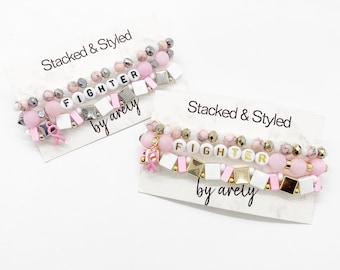 Breast Cancer Awareness Bracelet Set: Beaded Fighter Bracelets