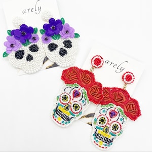 Pendientes del Día de los Muertos, Calavera, Joyería del Día de los Muertos, Pendientes de Calavera de Azúcar, Pendientes de Calavera con Cuentas, Pendientes Festivos, Cuentas de Semillas
