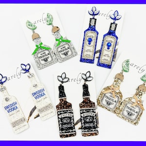 Pendientes de botella de bebida con purpurina: ginebra, vodka, tequila, whisky