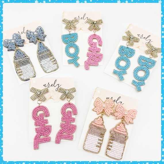 Beaded Gender Reveal Earrings: Baby Shower Earrings, Boy or Girl Mom
