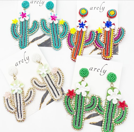 Beaded Cactus Earrings: Rhinestone Southwest Jewelry