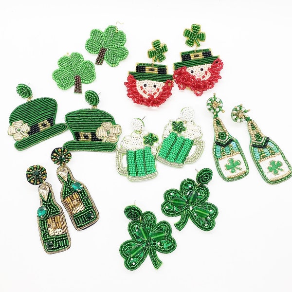 St Paddys Earrings, Leprechaun, Shamrock, Green Earrings, St PADDYS Day, Seed Bead, Champagne Earrings, St Patricks Day Jewelry