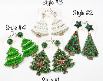 Christmas Jewelry, Christmas Earrings, Christmas Themed Earrings, Seed Bead, Beaded Earrings, Rhinestone, Christmas Tree Earrings