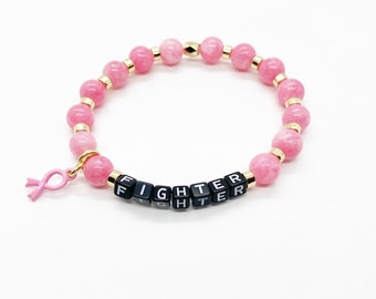 Pink Jade Breast Cancer Fighter Bracelet with Ribbon Charm