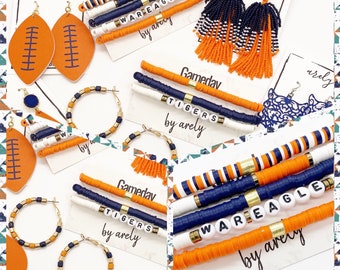 Navy and Orange Gameday Bracelet Stack, College Football Jewelry, Gameday Earrings, Gifts for Grads, Custom School Bracelets,
