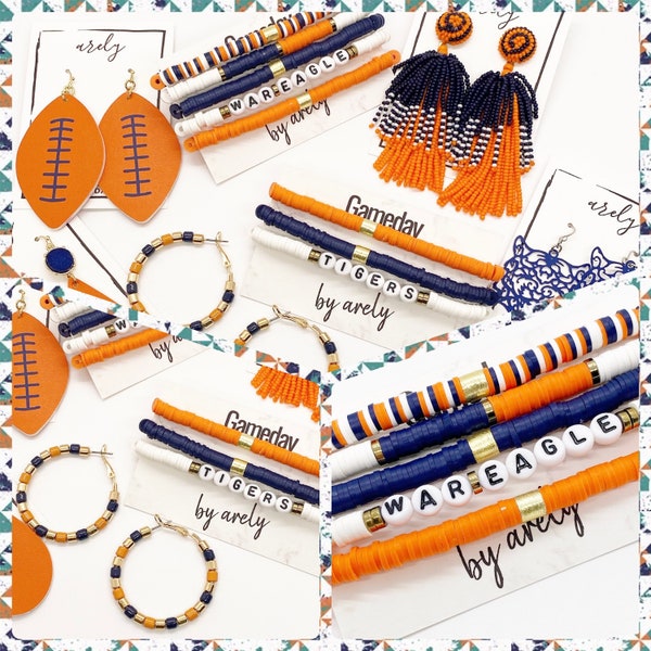 Navy and Orange Gameday Bracelet Stack, College Football Jewelry, Gameday Earrings, Gifts for Grads, Custom School Bracelets,