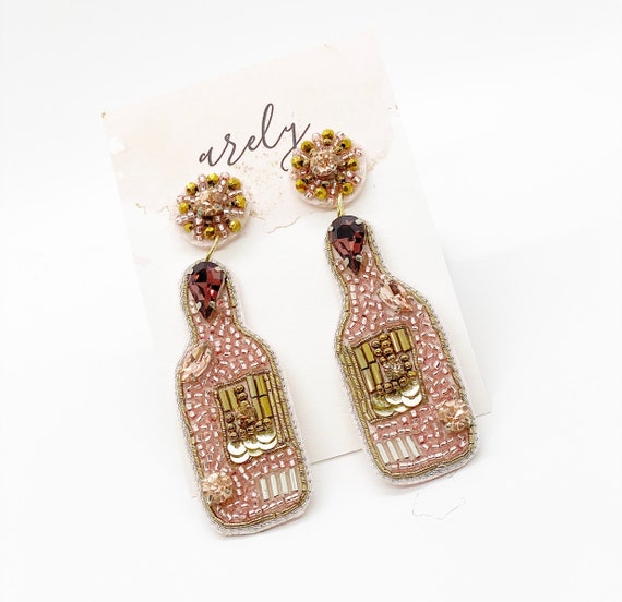 Handmade Beaded Champagne Bottle Earrings: Festive Bachelorette Jewelry