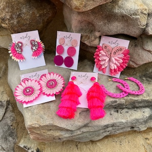 Pink Earrings, Hot Pink Jewelry, Hot pink, neon pink, Pink tassel earrings, Sequin Wings, Pink seed bead, Gifts for Her, Girl&#39;s Night, Movie