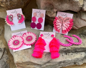 Pink Earrings, Hot Pink Jewelry, Hot pink, neon pink, Pink tassel earrings, Sequin Wings, Pink seed bead, Gifts for Her, Girl's Night, Movie