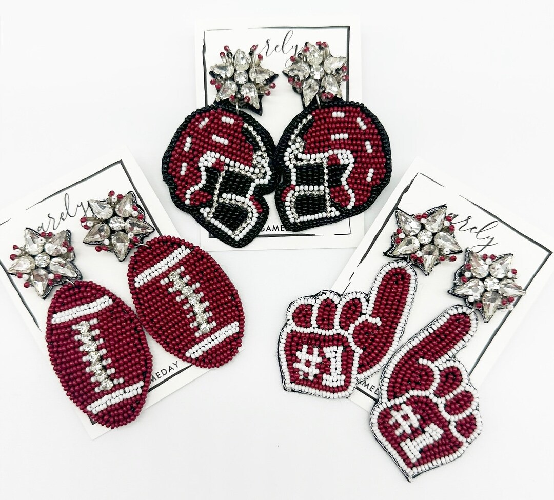 FIELD GOAL BEADED FOOTBALL EARRINGS - CRIMSON/WHT main image 0