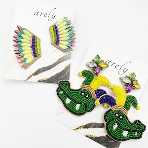 Mardi Gras Earrings, Mardi Gras, Beaded Earrings, Wing Earrings, Seed Bead, Sequin, New Orleans, Party, Mardis Gras Jewelry
