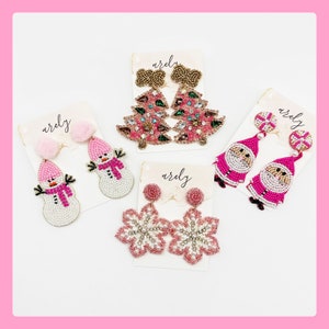 Pink Earrings, Christmas Earrings, Pink Seed Bead, Pink Christmas, Snowflake, Santa Claus, Snowman, Christmas Tree, Beaded Christmas