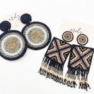 Statement Perlen Ohrringe, Rocailles Perlen, Rocailles Perlen Ohrringe, Boho Perlen Ohrringe, Boho Schmuck, Boho Style, Boho Ohrringe, schwarz und gold
