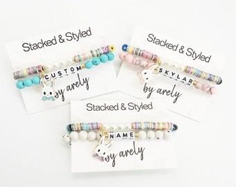 Custom Easter Bracelet Set: Beaded Name Bracelet with Bunny Charm