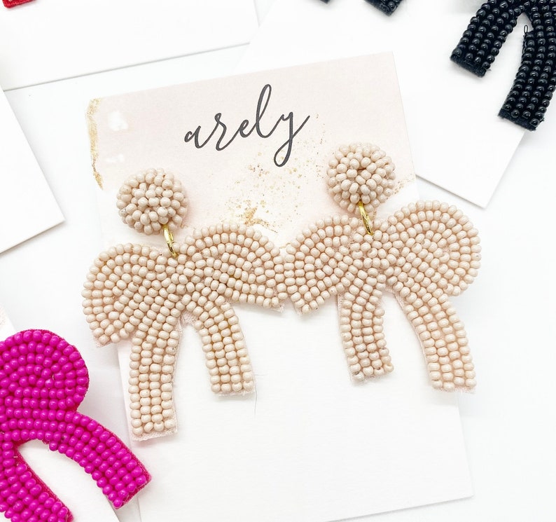 Beaded Bow Earrings: Lightweight Seed Bead Earrings Blush Pink Bows
