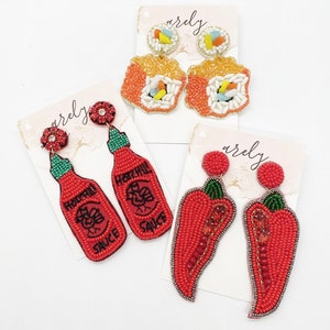 Beaded Statement Earrings: Sushi Roll, Chili Pepper, Sriracha