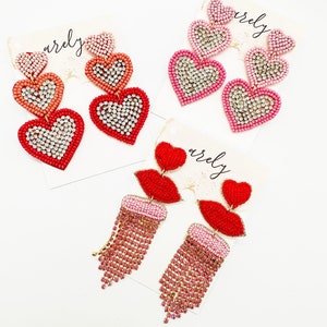 Valentines Earrings, Valentines Day, Heart Earrings, Lips, Rhinestone heart earrings, Love, seed bead, beaded earrings, hearts