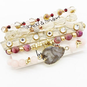 Blush Agate Stone Bracelet Set: Leather Rhinestone Stack