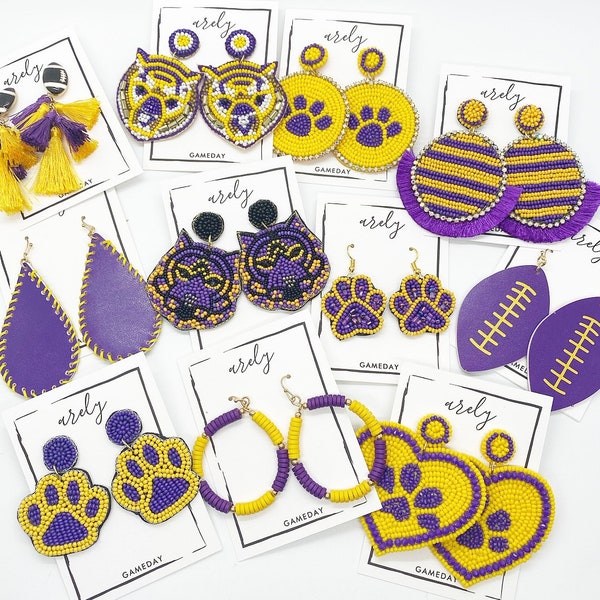 Purple and Yellow College Gameday Earrings, College Football, Beaded Earrings, Seed Bead, Tassel Earrings, Gifts for Grads