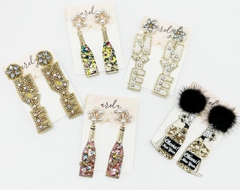 NYE Statement Earrings: Cheers Bottle, New Year's Eve Bling