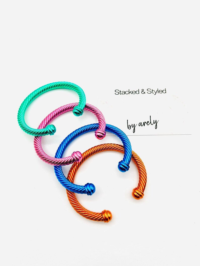 Cable Bracelets, Pink, Blue, Green, Orange, Colored Cable Bracelets, gifts for her, metal, cuff bracelets, adjustable image 1