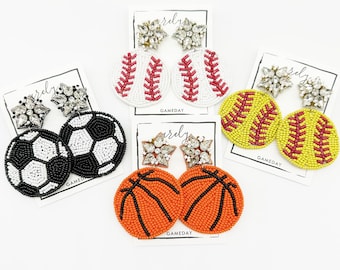 Pendientes deportivos con cuentas de diamantes de imitación: baloncesto, béisbol, sóftbol, fútbol